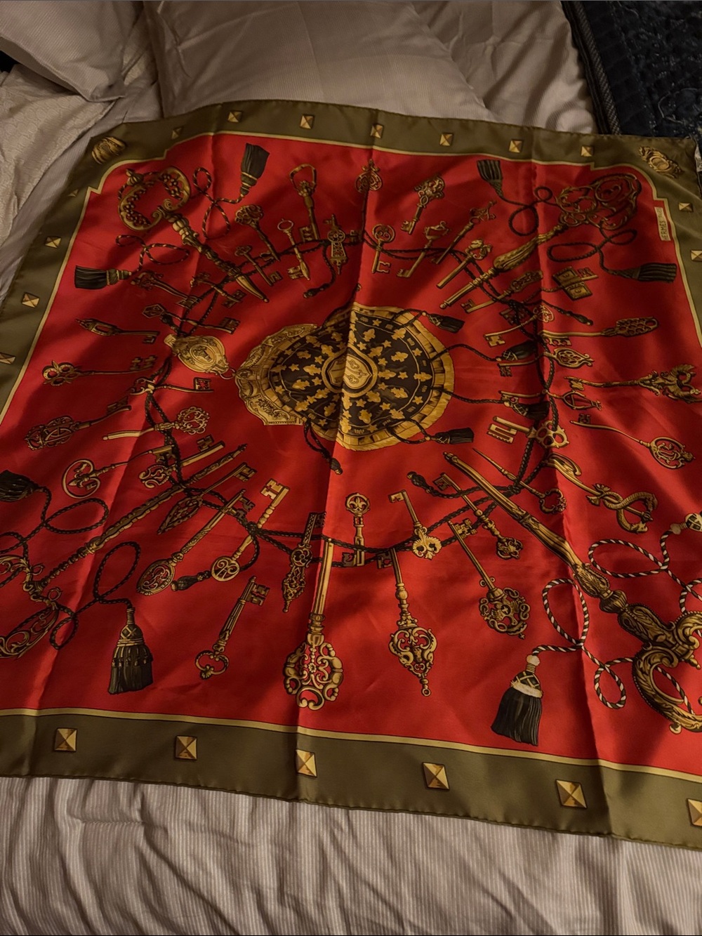 Hermes Red and Gold Key Motif Silk Scarf